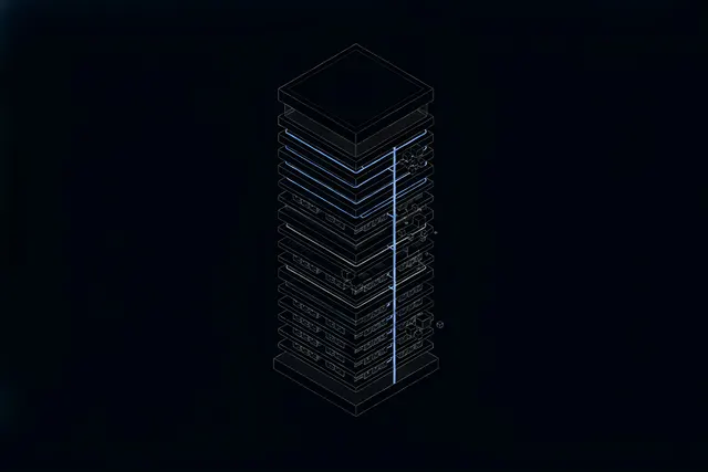 Illustration of a tower built from stacked isometric technology layers