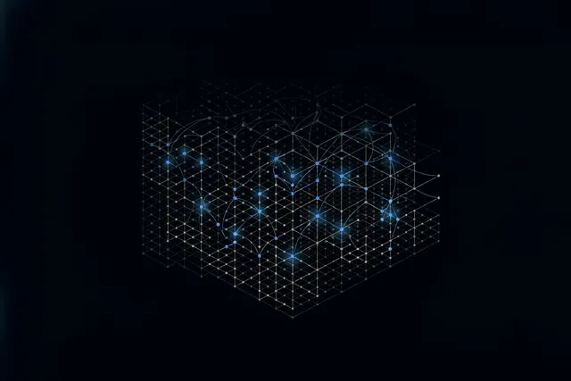 Illustration of glowing data points forming a structured connected lattice