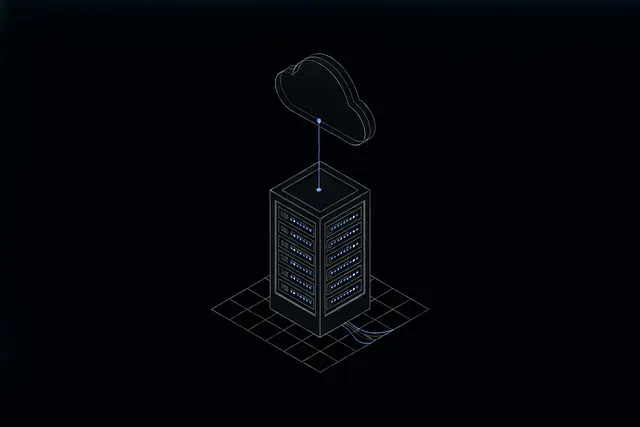 Illustration of a server rack with a private cloud layer floating above it