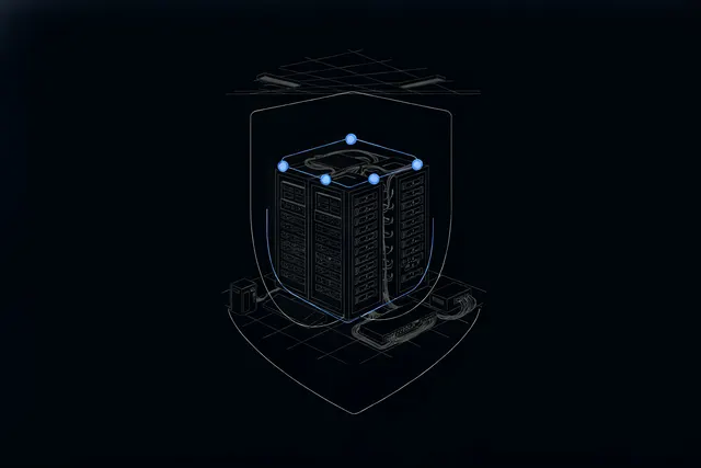 Illustration of server racks protected by a thin shield outline